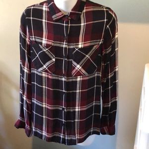 Flannel-like plaid button-up shirt